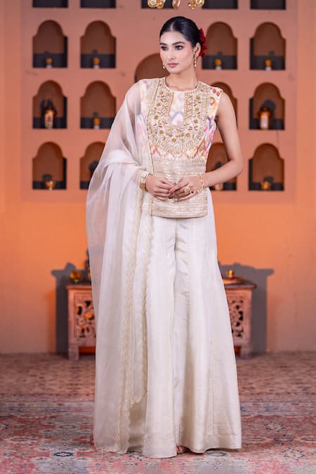 Nidhi Kejriwal_Cream Organza, Tissue, Ikat Pearl, Embroidered And Pattern Kurti Palazzo Set _at_Aza_Fashions