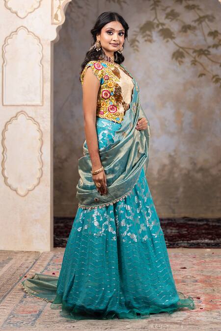 Shop Nidhi Kejriwal Beige Silk, Organza Embroidery, Sequins, Ferozi Blue Bloom Jaal Lehenga Set Online at Aza Fashions Shop_Nidhi Kejriwal_Beige Silk, Organza Embroidery, Sequins, Ferozi Blue Bloom Jaal Lehenga Set _Online_at_Aza_Fashions