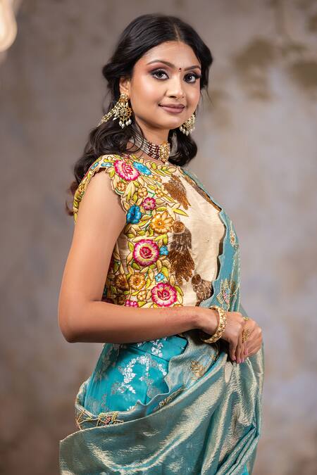 Nidhi Kejriwal Beige Silk, Organza Embroidery, Sequins, Ferozi Blue Bloom Jaal Lehenga Set at Aza Fashions Nidhi Kejriwal_Beige Silk, Organza Embroidery, Sequins, Ferozi Blue Bloom Jaal Lehenga Set _at_Aza_Fashions