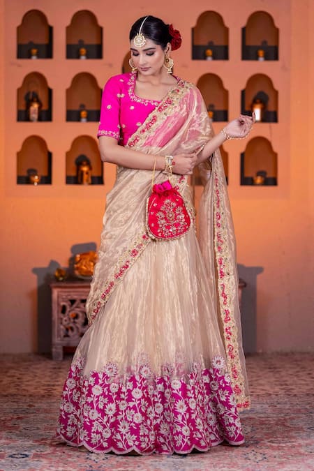 Buy_Nidhi Kejriwal_Pink Silk, Tissue, Crepe Cut Work, Diamonds, Floral Embroidered Gold Lehenga Set_Online_at_Aza_Fashions