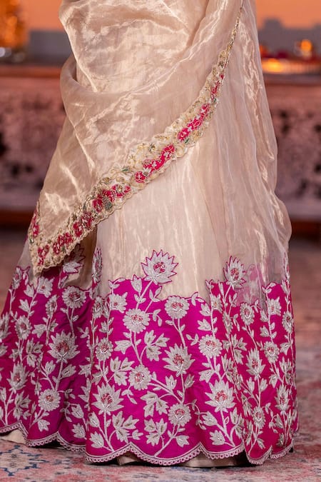 Buy_Nidhi Kejriwal_Pink Silk, Tissue, Crepe Cut Work, Diamonds, Floral Embroidered Gold Lehenga Set