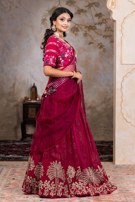 Nidhi Kejriwal Wine Silk, Organza, Crepe Crystals, Cut Zari Floral Embroidered Lehenga Set at Aza Fashions Nidhi Kejriwal_Wine Silk, Organza, Crepe Crystals, Cut Zari Floral Embroidered Lehenga Set _at_Aza_Fashions