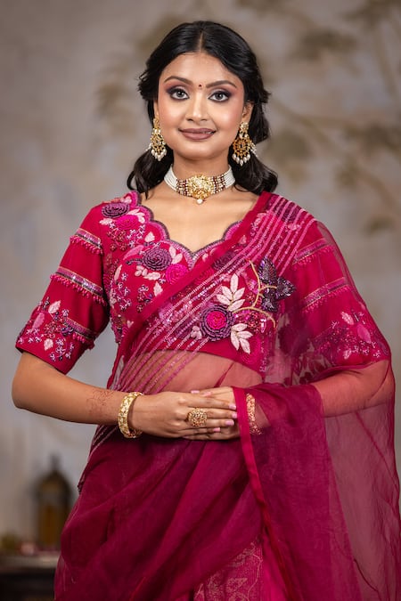 Buy Nidhi Kejriwal Wine Silk, Organza, Crepe Crystals, Cut Zari Floral Embroidered Lehenga Set Buy_Nidhi Kejriwal_Wine Silk, Organza, Crepe Crystals, Cut Zari Floral Embroidered Lehenga Set