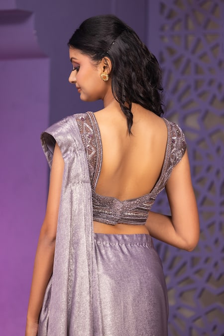 Shop_Nidhi Kejriwal_Grey Dola Silk, Foil Georgette Metallic Pre-draped Saree With Embroidered Blouse_Online_at_Aza_Fashions