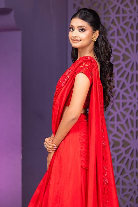 Nidhi Kejriwal Red Silk, Net, Crepe Pearl, Sequin, Bloom Embroidered Border Lehenga Saree Set Online at Aza Fashions Nidhi Kejriwal_Red Silk, Net, Crepe Pearl, Sequin, Bloom Embroidered Border Lehenga Saree Set_Online_at_Aza_Fashions