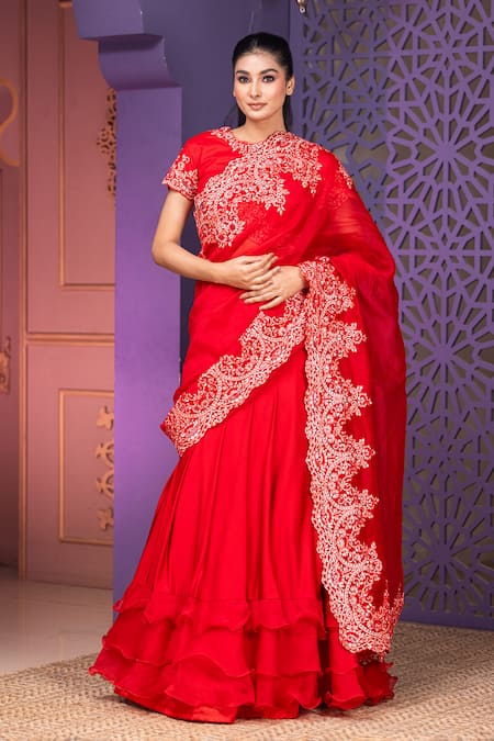 Nidhi Kejriwal Red Organza, Crepe, Lycra Cut Work, Ambrosia Embroidered Lehenga Saree Set Online at Aza Fashions Nidhi Kejriwal_Red Organza, Crepe, Lycra Cut Work, Ambrosia Embroidered Lehenga Saree Set _Online_at_Aza_Fashions