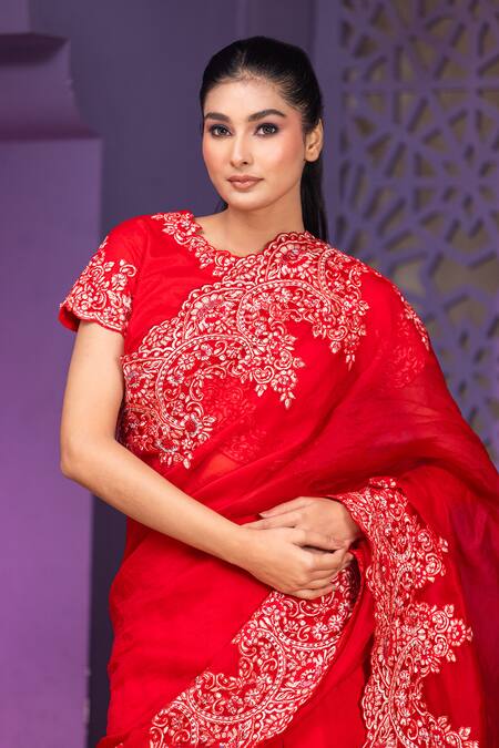 Nidhi Kejriwal Red Organza, Crepe, Lycra Cut Work, Ambrosia Embroidered Lehenga Saree Set at Aza Fashions Nidhi Kejriwal_Red Organza, Crepe, Lycra Cut Work, Ambrosia Embroidered Lehenga Saree Set _at_Aza_Fashions