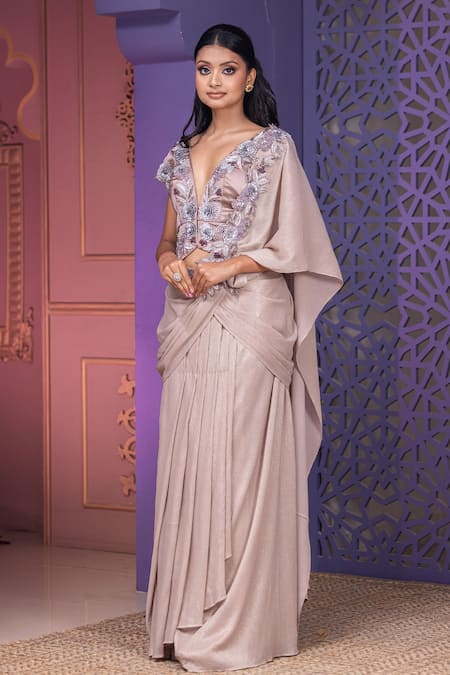 Buy Nidhi Kejriwal Brown Chiffon, Silk Embroidery Plunge Neck Floral Vine Pre-draped Saree Online at Aza Fashions Buy_Nidhi Kejriwal_Brown Chiffon, Silk Embroidery Plunge Neck Floral Vine Pre-draped Saree _Online_at_Aza_Fashions