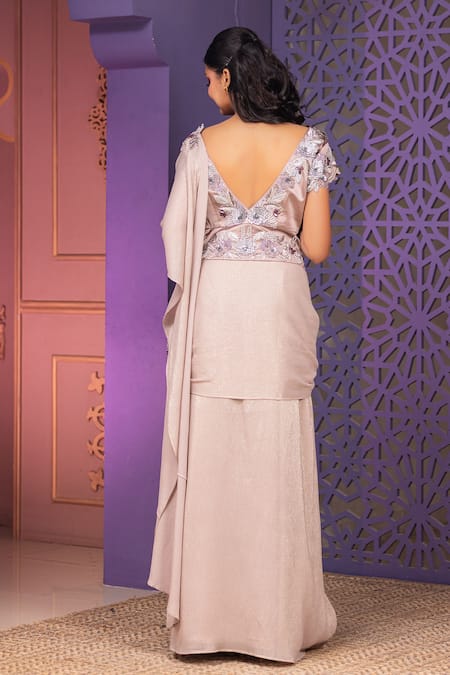 Shop Nidhi Kejriwal Brown Chiffon, Silk Embroidery Plunge Neck Floral Vine Pre-draped Saree at Aza Fashions Shop_Nidhi Kejriwal_Brown Chiffon, Silk Embroidery Plunge Neck Floral Vine Pre-draped Saree _at_Aza_Fashions