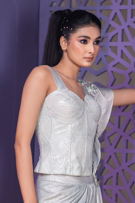 Shop Nidhi Kejriwal Blue Georgette, Satin, Silk Sequins, Bloom Pre-draped Saree And Corset Blouse Online at Aza Fashions Shop_Nidhi Kejriwal_Blue Georgette, Satin, Silk Sequins, Bloom Pre-draped Saree And Corset Blouse _Online_at_Aza_Fashions