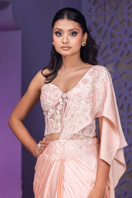 Buy Nidhi Kejriwal Pink Net, Satin Crystals, Cut Work, Blossom Applique Pre-draped Saree Set Online at Aza Fashions Buy_Nidhi Kejriwal_Pink Net, Satin Crystals, Cut Work, Blossom Applique Pre-draped Saree Set _Online_at_Aza_Fashions