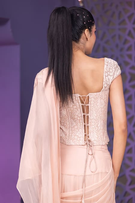 Nidhi Kejriwal Pink Chiffon, Chandelier, Stone Embroidered Pre-draped Saree With Corset Blouse Online at Aza Fashions Nidhi Kejriwal_Pink Chiffon, Chandelier, Stone Embroidered Pre-draped Saree With Corset Blouse _Online_at_Aza_Fashions