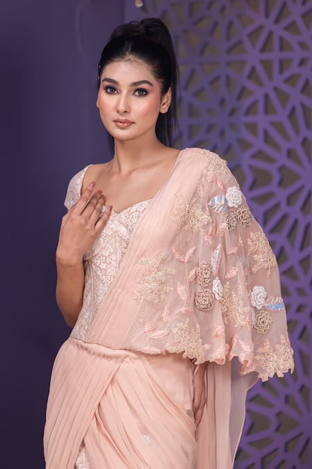 Buy Nidhi Kejriwal Pink Chiffon, Chandelier, Stone Embroidered Pre-draped Saree With Corset Blouse Online at Aza Fashions Buy_Nidhi Kejriwal_Pink Chiffon, Chandelier, Stone Embroidered Pre-draped Saree With Corset Blouse _Online_at_Aza_Fashions