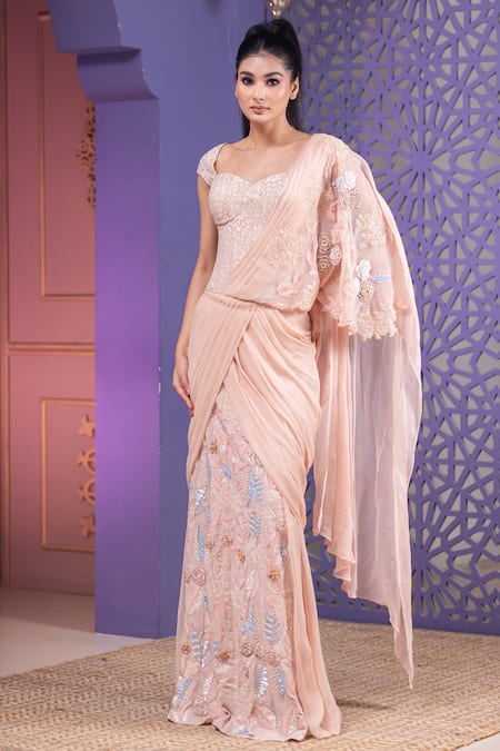 Nidhi Kejriwal Pink Chiffon, Chandelier, Stone Embroidered Pre-draped Saree With Corset Blouse at Aza Fashions Nidhi Kejriwal_Pink Chiffon, Chandelier, Stone Embroidered Pre-draped Saree With Corset Blouse _at_Aza_Fashions