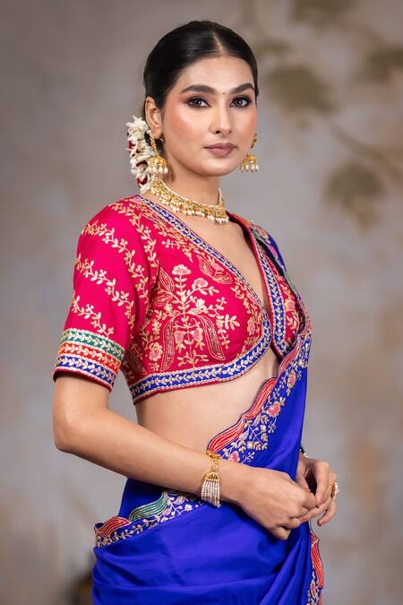 Nidhi Kejriwal_Blue Silk, Denim Embroidery Plunge Neck Bahar Border Lehenga Set _Online_at_Aza_Fashions