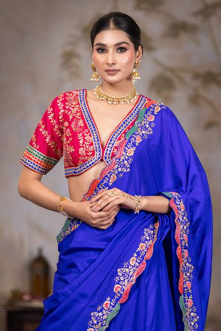 Buy_Nidhi Kejriwal_Blue Silk, Denim Embroidery Plunge Neck Bahar Border Lehenga Set _Online_at_Aza_Fashions