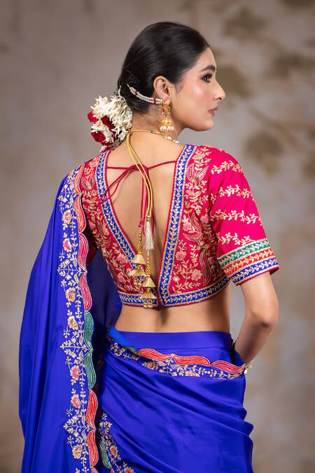 Shop_Nidhi Kejriwal_Blue Silk, Denim Embroidery Plunge Neck Bahar Border Lehenga Set _Online_at_Aza_Fashions