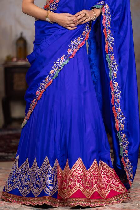 Nidhi Kejriwal_Blue Silk, Denim Embroidery Plunge Neck Bahar Border Lehenga Set _at_Aza_Fashions
