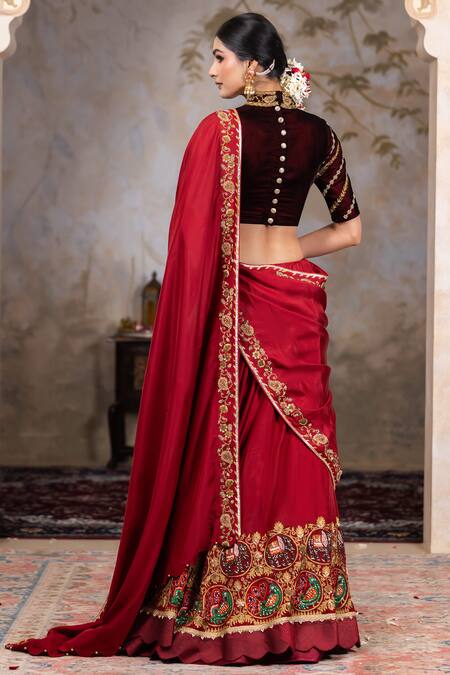 Shop Nidhi Kejriwal Maroon Silk, Velvet Cutdana, Elephant And Peacock Motif Embroidered Lehenga Set at Aza Fashions Shop_Nidhi Kejriwal_Maroon Silk, Velvet Cutdana, Elephant And Peacock Motif Embroidered Lehenga Set_at_Aza_Fashions