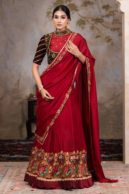 Shop Nidhi Kejriwal Maroon Silk, Velvet Cutdana, Elephant And Peacock Motif Embroidered Lehenga Set Online at Aza Fashions Shop_Nidhi Kejriwal_Maroon Silk, Velvet Cutdana, Elephant And Peacock Motif Embroidered Lehenga Set_Online_at_Aza_Fashions