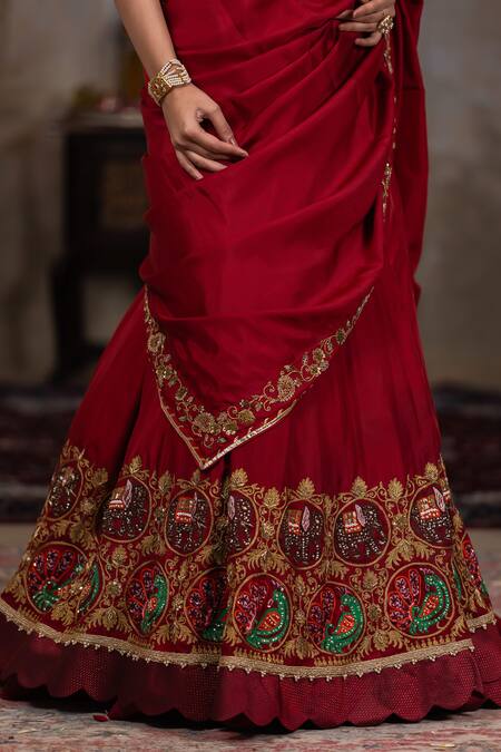 Nidhi Kejriwal Maroon Silk, Velvet Cutdana, Elephant And Peacock Motif Embroidered Lehenga Set at Aza Fashions Nidhi Kejriwal_Maroon Silk, Velvet Cutdana, Elephant And Peacock Motif Embroidered Lehenga Set_at_Aza_Fashions