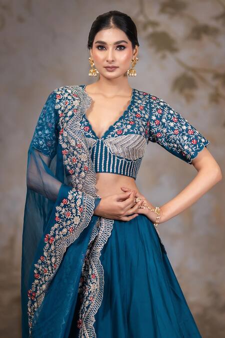 Nidhi Kejriwal Blue Organza, Dupion Silk Cutdana, Peacock Patterned Embellished Lehenga Set Online at Aza Fashions Nidhi Kejriwal_Blue Organza, Dupion Silk Cutdana, Peacock Patterned Embellished Lehenga Set _Online_at_Aza_Fashions