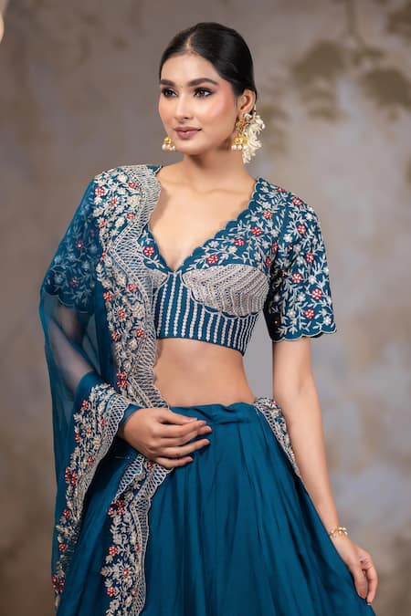 Buy Nidhi Kejriwal Blue Organza, Dupion Silk Cutdana, Peacock Patterned Embellished Lehenga Set Online at Aza Fashions Buy_Nidhi Kejriwal_Blue Organza, Dupion Silk Cutdana, Peacock Patterned Embellished Lehenga Set _Online_at_Aza_Fashions