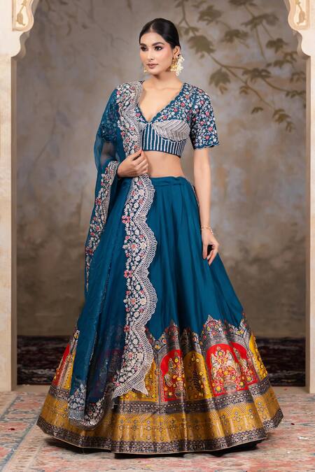 Shop Nidhi Kejriwal Blue Organza, Dupion Silk Cutdana, Peacock Patterned Embellished Lehenga Set Online at Aza Fashions Shop_Nidhi Kejriwal_Blue Organza, Dupion Silk Cutdana, Peacock Patterned Embellished Lehenga Set _Online_at_Aza_Fashions