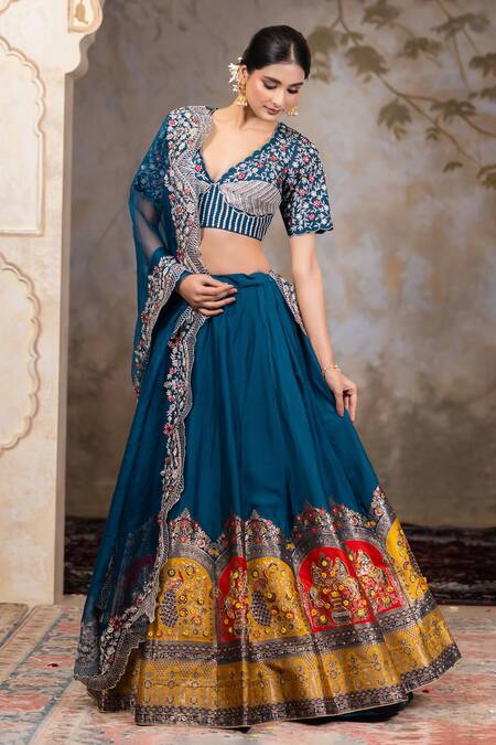 Nidhi Kejriwal Blue Organza, Dupion Silk Cutdana, Peacock Patterned Embellished Lehenga Set at Aza Fashions Nidhi Kejriwal_Blue Organza, Dupion Silk Cutdana, Peacock Patterned Embellished Lehenga Set _at_Aza_Fashions