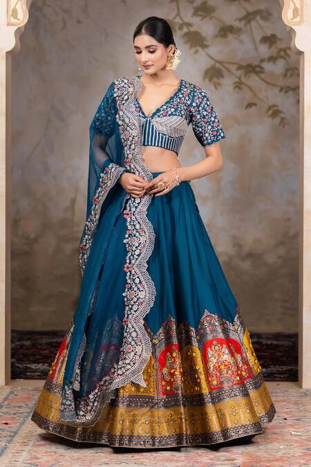 Buy Nidhi Kejriwal Blue Organza, Dupion Silk Cutdana, Peacock Patterned Embellished Lehenga Set Buy_Nidhi Kejriwal_Blue Organza, Dupion Silk Cutdana, Peacock Patterned Embellished Lehenga Set