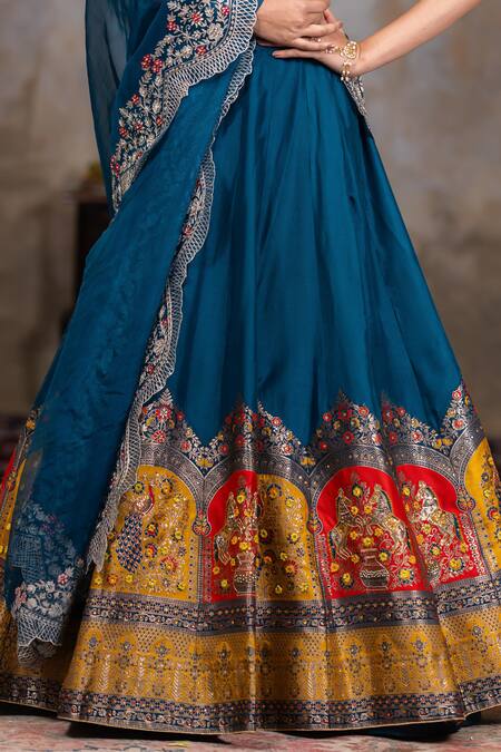 Shop Nidhi Kejriwal Blue Organza, Dupion Silk Cutdana, Peacock Patterned Embellished Lehenga Set Shop_Nidhi Kejriwal_Blue Organza, Dupion Silk Cutdana, Peacock Patterned Embellished Lehenga Set