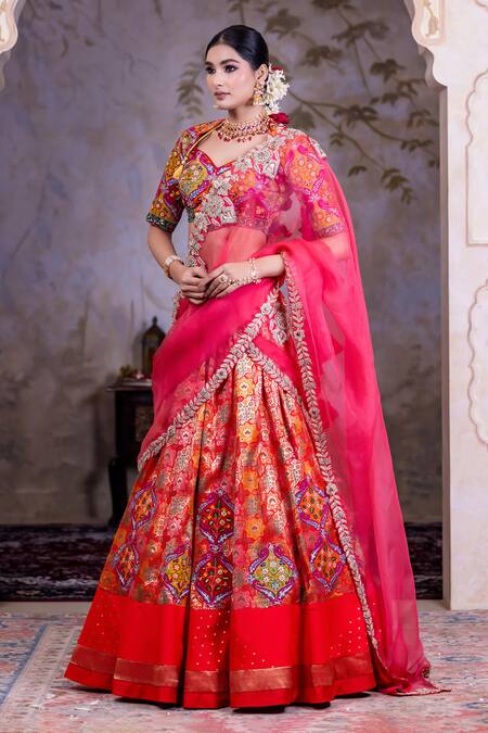Buy Nidhi Kejriwal Red Organza, Brocade Sequins, Embroidery Sweetheart Floral Woven Lehenga Set Online at Aza Fashions Buy_Nidhi Kejriwal_Red Organza, Brocade Sequins, Embroidery Sweetheart Floral Woven Lehenga Set _Online_at_Aza_Fashions