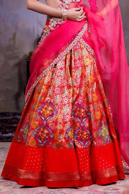 Shop Nidhi Kejriwal Red Organza, Brocade Sequins, Embroidery Sweetheart Floral Woven Lehenga Set Online at Aza Fashions Shop_Nidhi Kejriwal_Red Organza, Brocade Sequins, Embroidery Sweetheart Floral Woven Lehenga Set _Online_at_Aza_Fashions