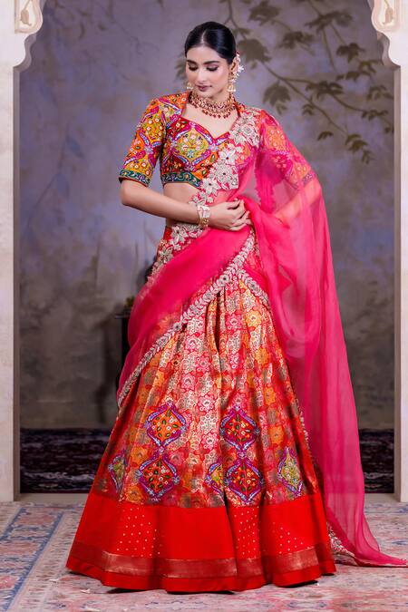 Nidhi Kejriwal Red Organza, Brocade Sequins, Embroidery Sweetheart Floral Woven Lehenga Set at Aza Fashions Nidhi Kejriwal_Red Organza, Brocade Sequins, Embroidery Sweetheart Floral Woven Lehenga Set _at_Aza_Fashions