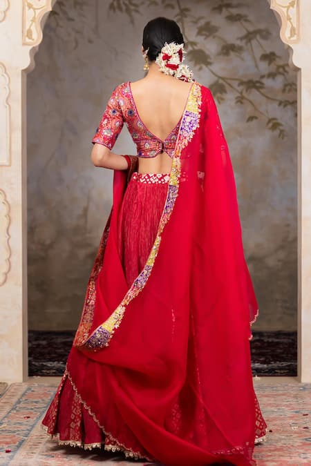 Shop Nidhi Kejriwal Red Brocade, Crushed Tissue Textured Panelled Lehenga Patterned Blouse Set at Aza Fashions Shop_Nidhi Kejriwal_Red Brocade, Crushed Tissue Textured Panelled Lehenga Patterned Blouse Set _at_Aza_Fashions