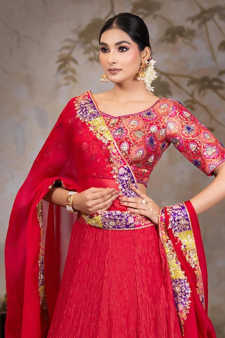 Nidhi Kejriwal Red Brocade, Crushed Tissue Textured Panelled Lehenga Patterned Blouse Set Online at Aza Fashions Nidhi Kejriwal_Red Brocade, Crushed Tissue Textured Panelled Lehenga Patterned Blouse Set _Online_at_Aza_Fashions