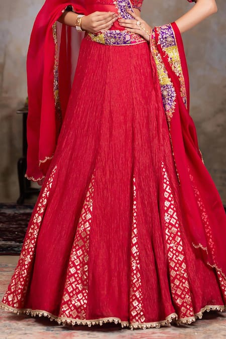 Buy Nidhi Kejriwal Red Brocade, Crushed Tissue Textured Panelled Lehenga Patterned Blouse Set Online at Aza Fashions Buy_Nidhi Kejriwal_Red Brocade, Crushed Tissue Textured Panelled Lehenga Patterned Blouse Set _Online_at_Aza_Fashions