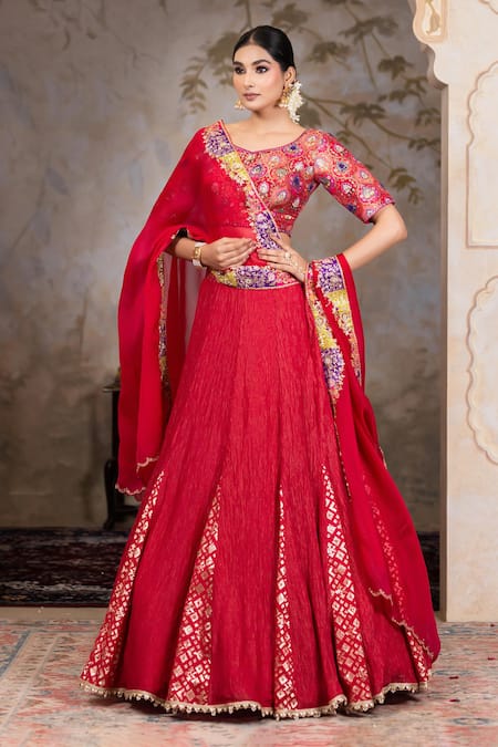 Shop Nidhi Kejriwal Red Brocade, Crushed Tissue Textured Panelled Lehenga Patterned Blouse Set Online at Aza Fashions Shop_Nidhi Kejriwal_Red Brocade, Crushed Tissue Textured Panelled Lehenga Patterned Blouse Set _Online_at_Aza_Fashions