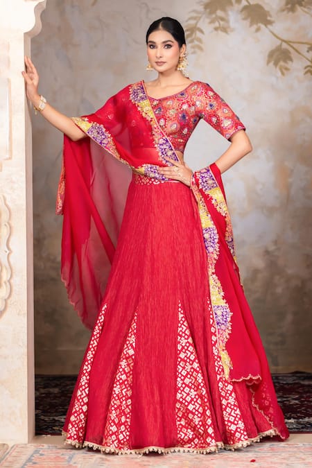 Nidhi Kejriwal Red Brocade, Crushed Tissue Textured Panelled Lehenga Patterned Blouse Set at Aza Fashions Nidhi Kejriwal_Red Brocade, Crushed Tissue Textured Panelled Lehenga Patterned Blouse Set _at_Aza_Fashions