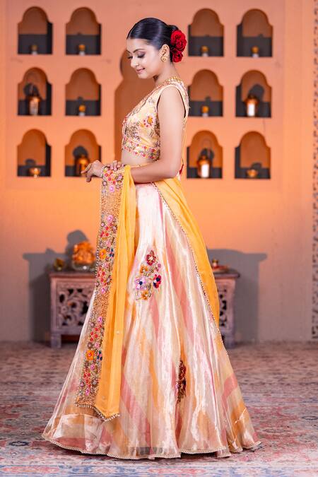 Nidhi Kejriwal Orange Organza, Brocade Pearls, Leheriya Patterned Embroidered Lehenga Set Online at Aza Fashions Nidhi Kejriwal_Orange Organza, Brocade Pearls, Leheriya Patterned Embroidered Lehenga Set _Online_at_Aza_Fashions