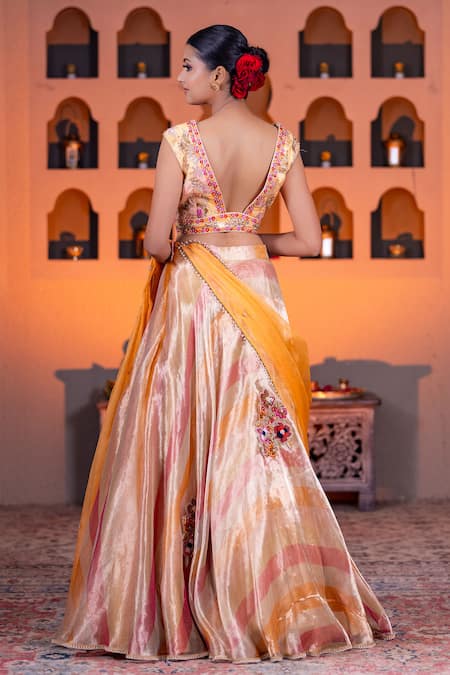Buy Nidhi Kejriwal Orange Organza, Brocade Pearls, Leheriya Patterned Embroidered Lehenga Set Online at Aza Fashions Buy_Nidhi Kejriwal_Orange Organza, Brocade Pearls, Leheriya Patterned Embroidered Lehenga Set _Online_at_Aza_Fashions