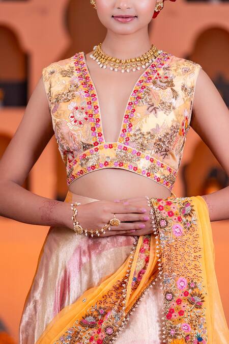 Shop Nidhi Kejriwal Orange Organza, Brocade Pearls, Leheriya Patterned Embroidered Lehenga Set Online at Aza Fashions Shop_Nidhi Kejriwal_Orange Organza, Brocade Pearls, Leheriya Patterned Embroidered Lehenga Set _Online_at_Aza_Fashions