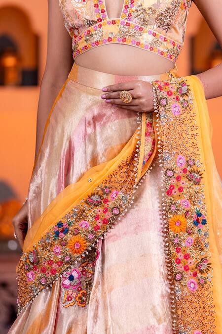 Nidhi Kejriwal Orange Organza, Brocade Pearls, Leheriya Patterned Embroidered Lehenga Set at Aza Fashions Nidhi Kejriwal_Orange Organza, Brocade Pearls, Leheriya Patterned Embroidered Lehenga Set _at_Aza_Fashions