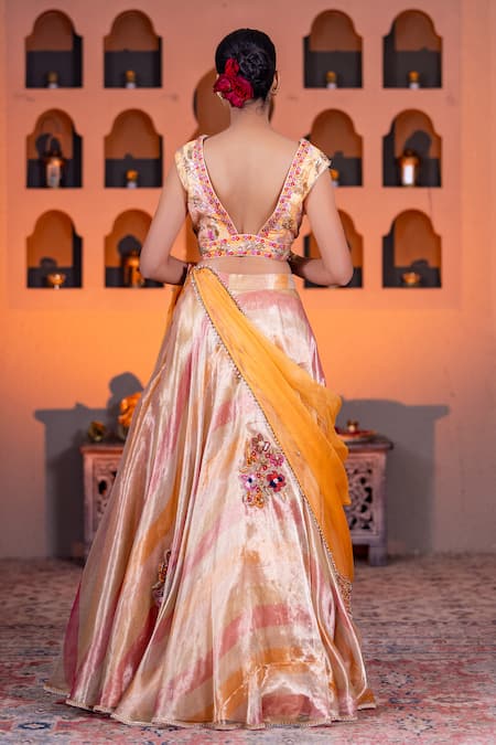 Shop Nidhi Kejriwal Orange Organza, Brocade Pearls, Leheriya Patterned Embroidered Lehenga Set at Aza Fashions Shop_Nidhi Kejriwal_Orange Organza, Brocade Pearls, Leheriya Patterned Embroidered Lehenga Set _at_Aza_Fashions