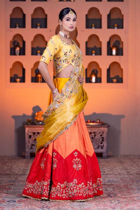 Nidhi Kejriwal Yellow Tissue, Dupion Thread, Beads, Floral Embroidered Color Block Lehenga Set Online at Aza Fashions Nidhi Kejriwal_Yellow Tissue, Dupion Thread, Beads, Floral Embroidered Color Block Lehenga Set _Online_at_Aza_Fashions