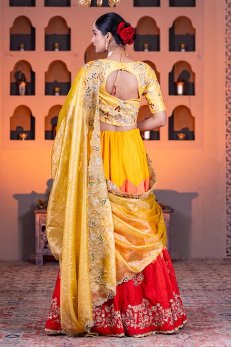 Shop Nidhi Kejriwal Yellow Tissue, Dupion Thread, Beads, Floral Embroidered Color Block Lehenga Set at Aza Fashions Shop_Nidhi Kejriwal_Yellow Tissue, Dupion Thread, Beads, Floral Embroidered Color Block Lehenga Set _at_Aza_Fashions