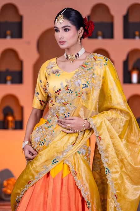 Buy Nidhi Kejriwal Yellow Tissue, Dupion Thread, Beads, Floral Embroidered Color Block Lehenga Set Online at Aza Fashions Buy_Nidhi Kejriwal_Yellow Tissue, Dupion Thread, Beads, Floral Embroidered Color Block Lehenga Set _Online_at_Aza_Fashions