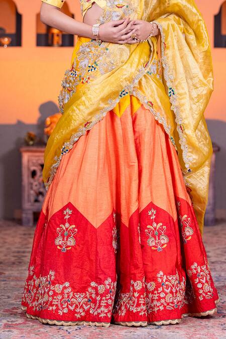 Shop Nidhi Kejriwal Yellow Tissue, Dupion Thread, Beads, Floral Embroidered Color Block Lehenga Set Online at Aza Fashions Shop_Nidhi Kejriwal_Yellow Tissue, Dupion Thread, Beads, Floral Embroidered Color Block Lehenga Set _Online_at_Aza_Fashions
