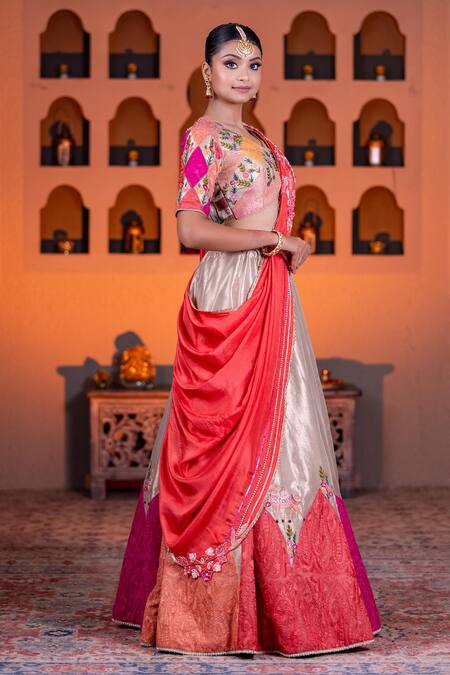 Buy Nidhi Kejriwal Pink Silk, Tissue Pearls, Sequins, Embroidery V-neck Floral Vine Lehenga Set Online at Aza Fashions Buy_Nidhi Kejriwal_Pink Silk, Tissue Pearls, Sequins, Embroidery V-neck Floral Vine Lehenga Set _Online_at_Aza_Fashions
