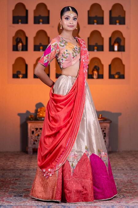 Shop Nidhi Kejriwal Pink Silk, Tissue Pearls, Sequins, Embroidery V-neck Floral Vine Lehenga Set Online at Aza Fashions Shop_Nidhi Kejriwal_Pink Silk, Tissue Pearls, Sequins, Embroidery V-neck Floral Vine Lehenga Set _Online_at_Aza_Fashions